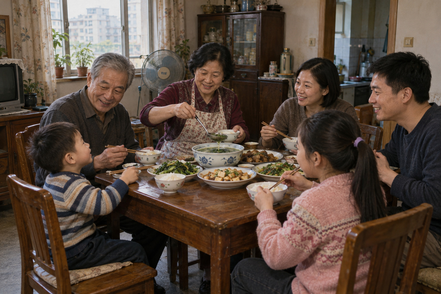 虚构情境影像：一家人围坐吃饭的照片